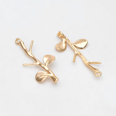 10pcs Gold Leaf Charm Connectors 25x10mm, Real Gold plated Brass, Branch Pendants with Two Loops (GB-3622-A)