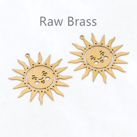 10pcs Raw Brass Sun Face Charm Pendants 32x30mm, Brass Findings Wholesale (RB-283)
