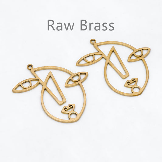 10pcs Raw Brass Abstrack Face Outline Charms 31.5x28.5mm, Vintage Styled Face Pendants Wholesale (RB-293)