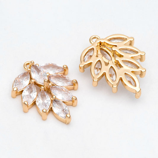 4pcs CZ pave Gold/ Silver Tone Leaf Charms, 18K Gold/ Rhodium plated Brass, 21/ 25mm, Cubic Zirconia Leaf Pendants (GB-3037)