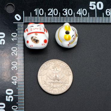 10 beads- Lucky Cat beads 17mm, Handmade Ceramic Maneki Neko, Kawaii Animal Beads, Chinese Character "More Golds" (TC-158)