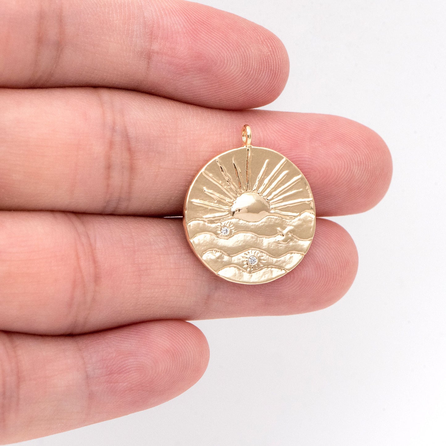 4pcs Gold Sun Disk Charms 20mm, 18K Gold plated Brass, CZ pave Sun Disc Pendants (GB-1232-K)