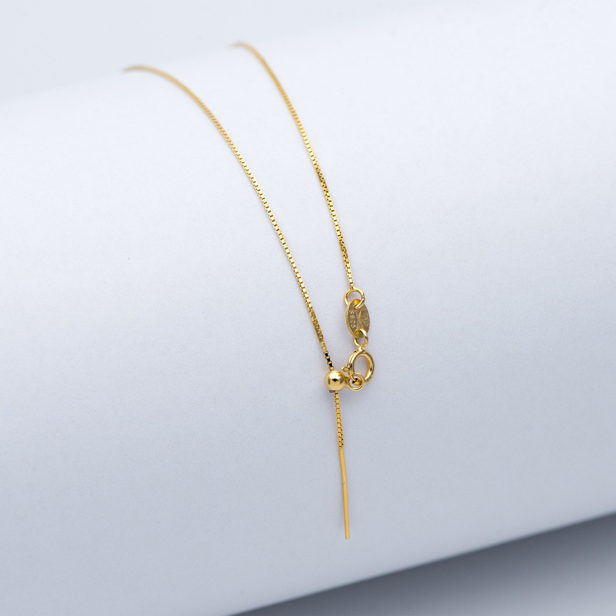 Gold plated Sterling Silver Finished Necklace, 0.7mm Dainty Box Chain with Adjustable Rubber Stopper, 17 Inch (CY-009)