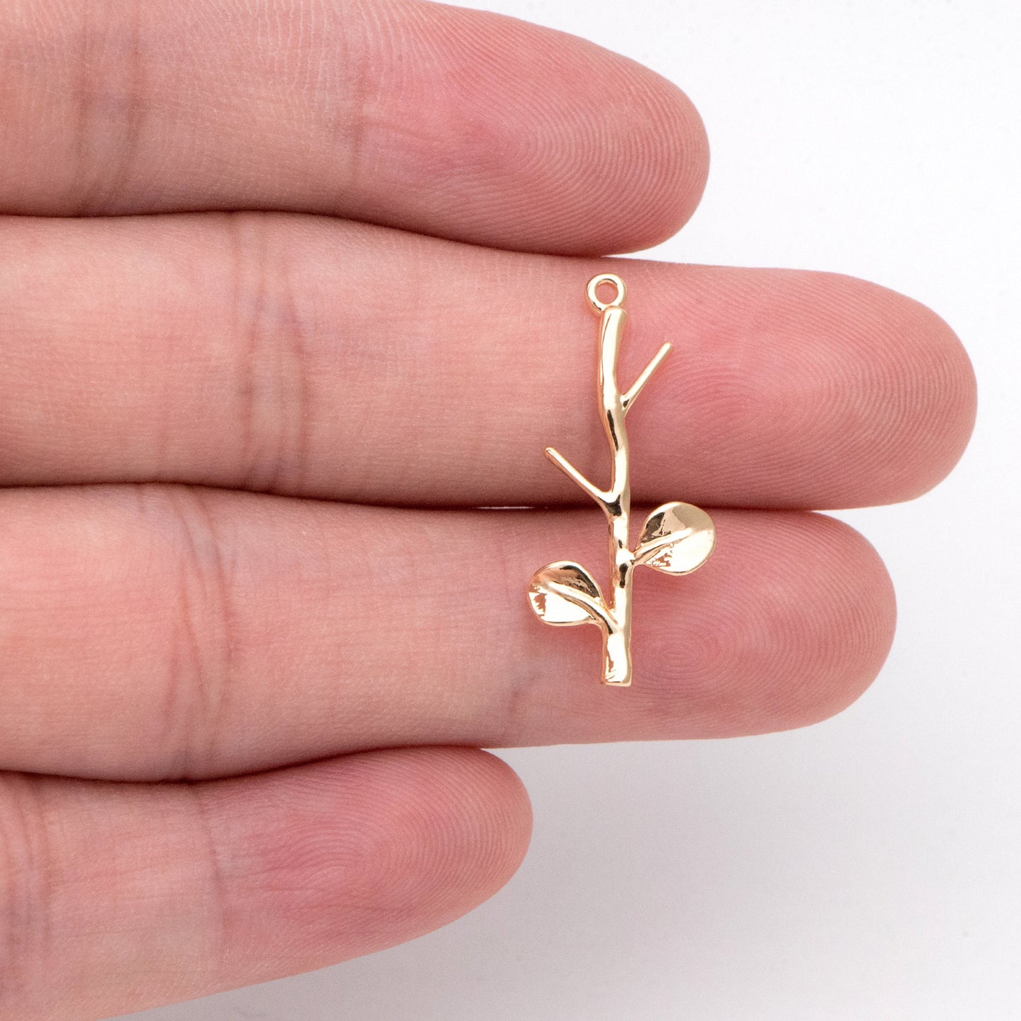 10pcs Gold Leaf Charm Connectors 25x10mm, Real Gold plated Brass, Branch Pendants with Two Loops (GB-3622-A)