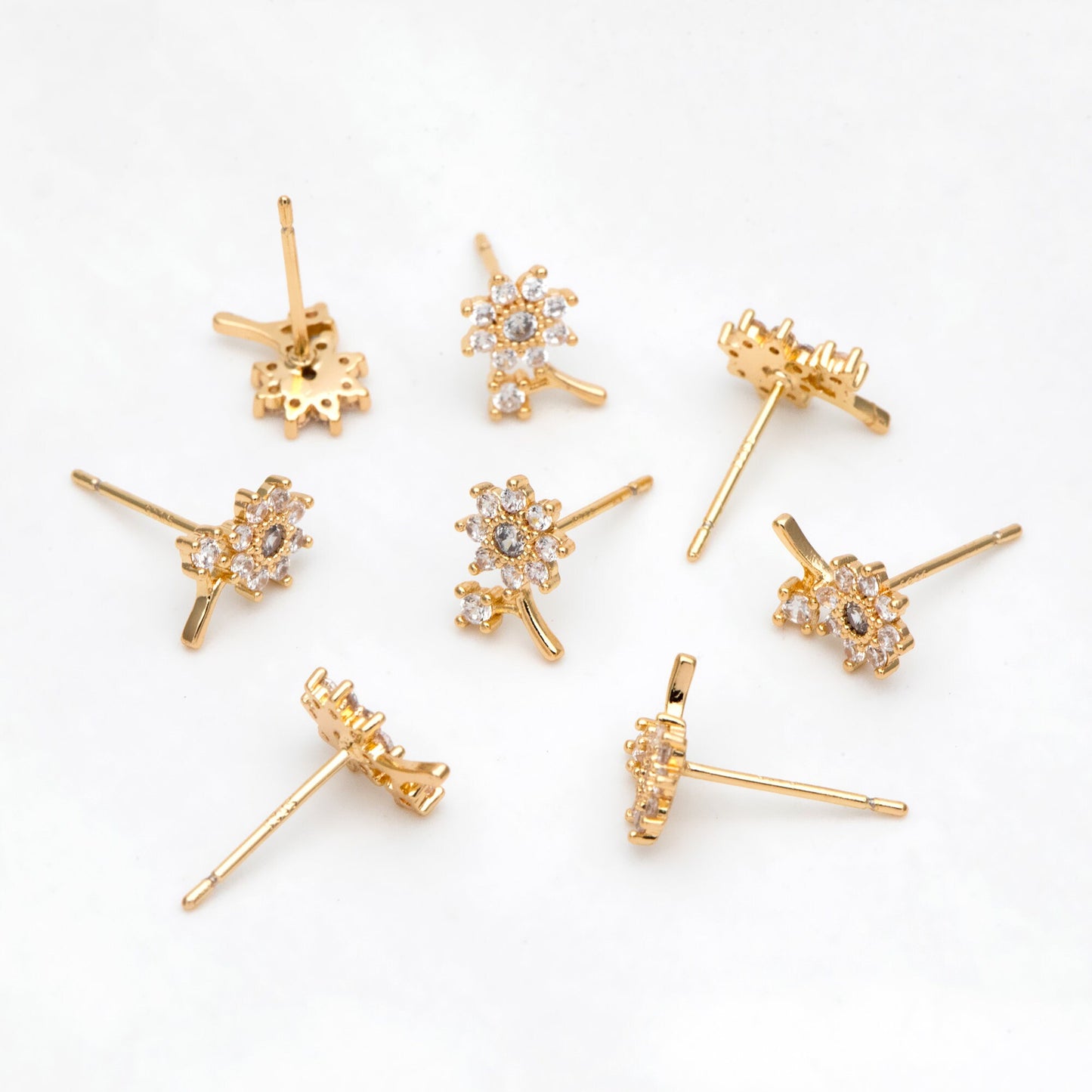 4pcs CZ Pave Gold Flower Earring, Gold Plated Brass, Jewelry Supplies (GB-3062)