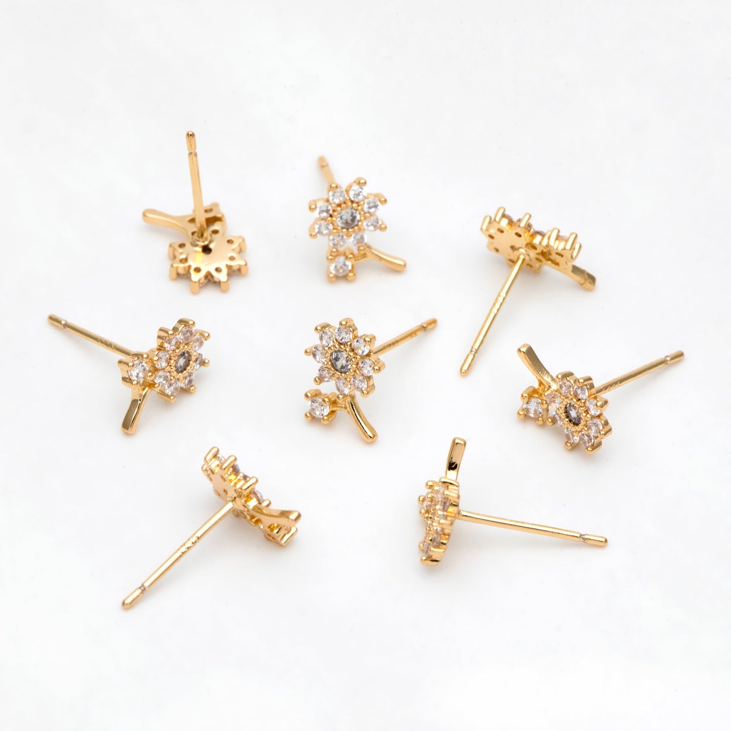 4pcs CZ Pave Gold Flower Earring, Gold Plated Brass, Jewelry Supplies (GB-3371-C)
