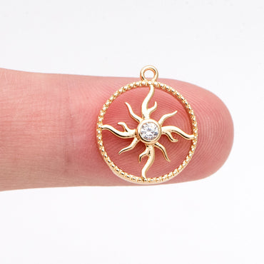 4pcs CZ Pave Gold Round Sun Charms 16x14mm, 18K Gold plated Brass Sun Pendants (GB-1311-H)