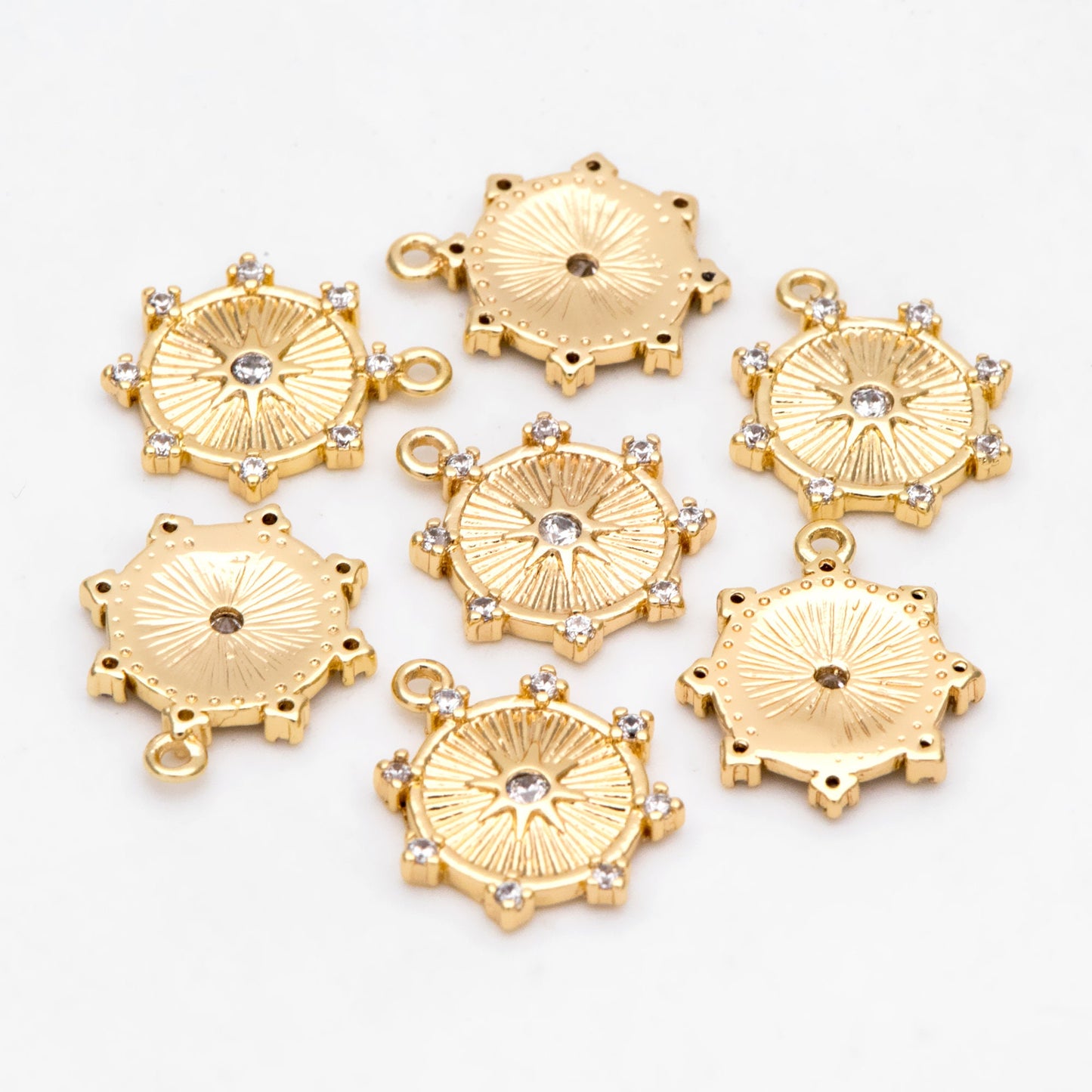 10pcs Gold Sun Disk Charms 15x13mm, 18K Gold plated Brass, CZ pave Sun Disc Pendants (GB-1658-G)
