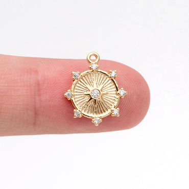 10pcs Gold Sun Disk Charms 15x13mm, 18K Gold plated Brass, CZ pave Sun Disc Pendants (GB-1658-G)