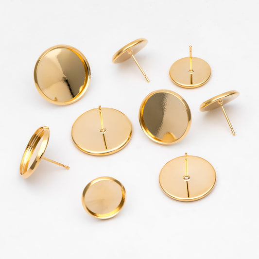 10pcs Gold Blank Base Tray Cabochon Earring Setting 12/ 16/ 18mm, Gold plated Brass Bezel Cabochon Ear Post (GB-3108)
