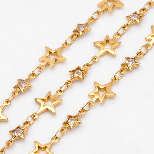 Gold Cubic Zircon Chain, CZ pave Star Chain, 18K Real Gold plated Brass Chain (#LK-562)/ 1 Meter=3.3ft