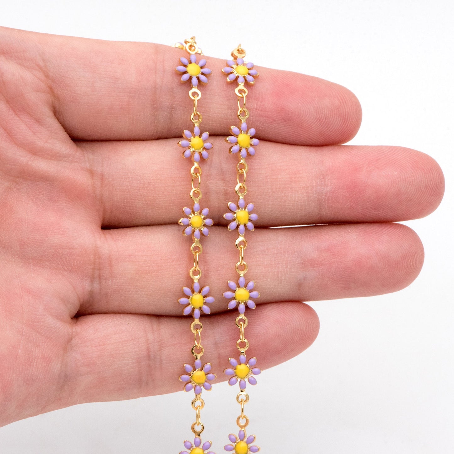 Enamel Flower Chain, Daisy Chain, Gold Plated Brass Designer Chain 7.5mm, Floral Link Chain Findings (#LK-578)/ 1 Meter=3.3ft