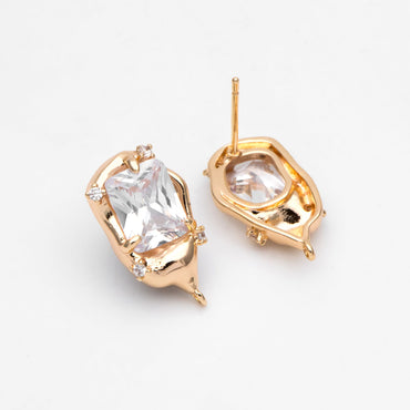 4pcs Gold Irregularity Stud Earrings, CZ Pave Ear Posts 19x11mm, Gold plated Brass Earring Findings (GB-3152)