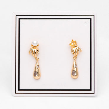 4pcs Gold Plated Brass Hand with CZ Paved Teardrop Ear Posts, Half Drilled Pearl Mounts, Pearl Earring Settings (GB-3141)