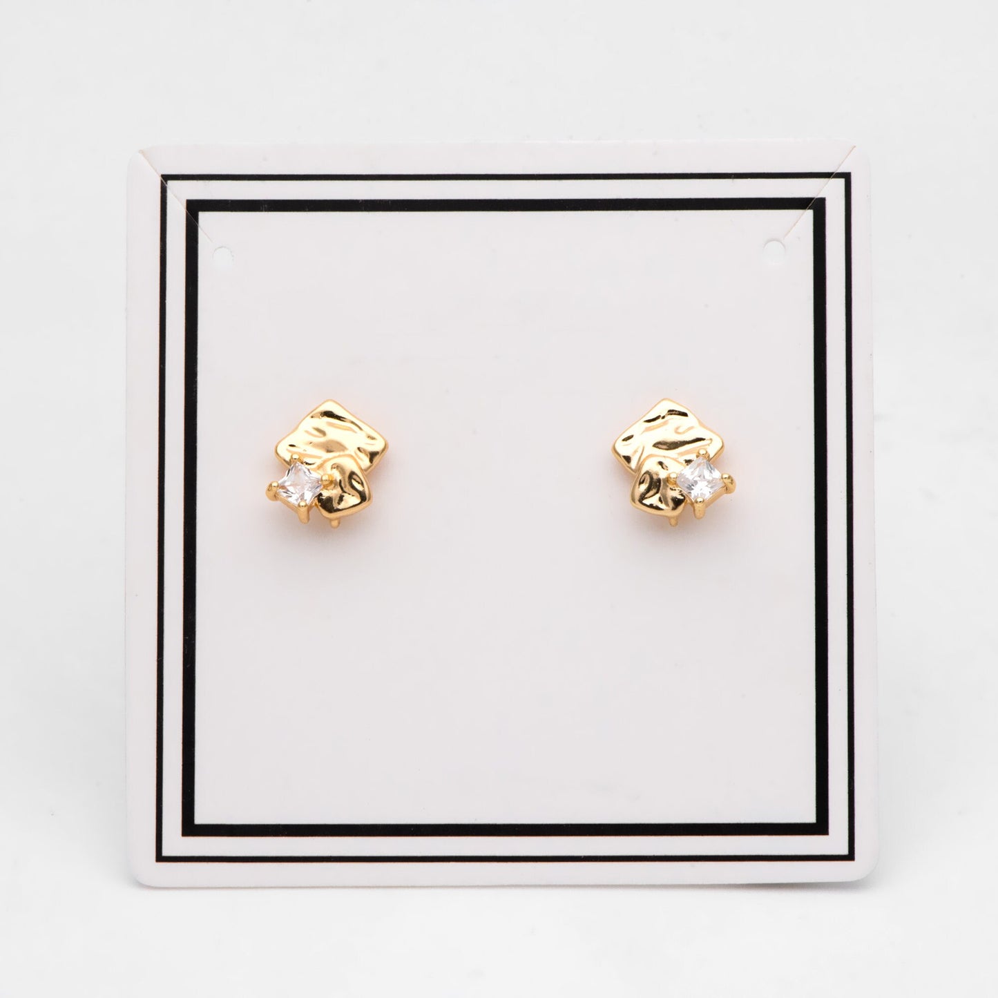 4pcs CZ Pave Rough Square Stud Earring With Loop, Real Gold/ Rhodium Plated Brass Geometric Earring Studs (GB-3169)