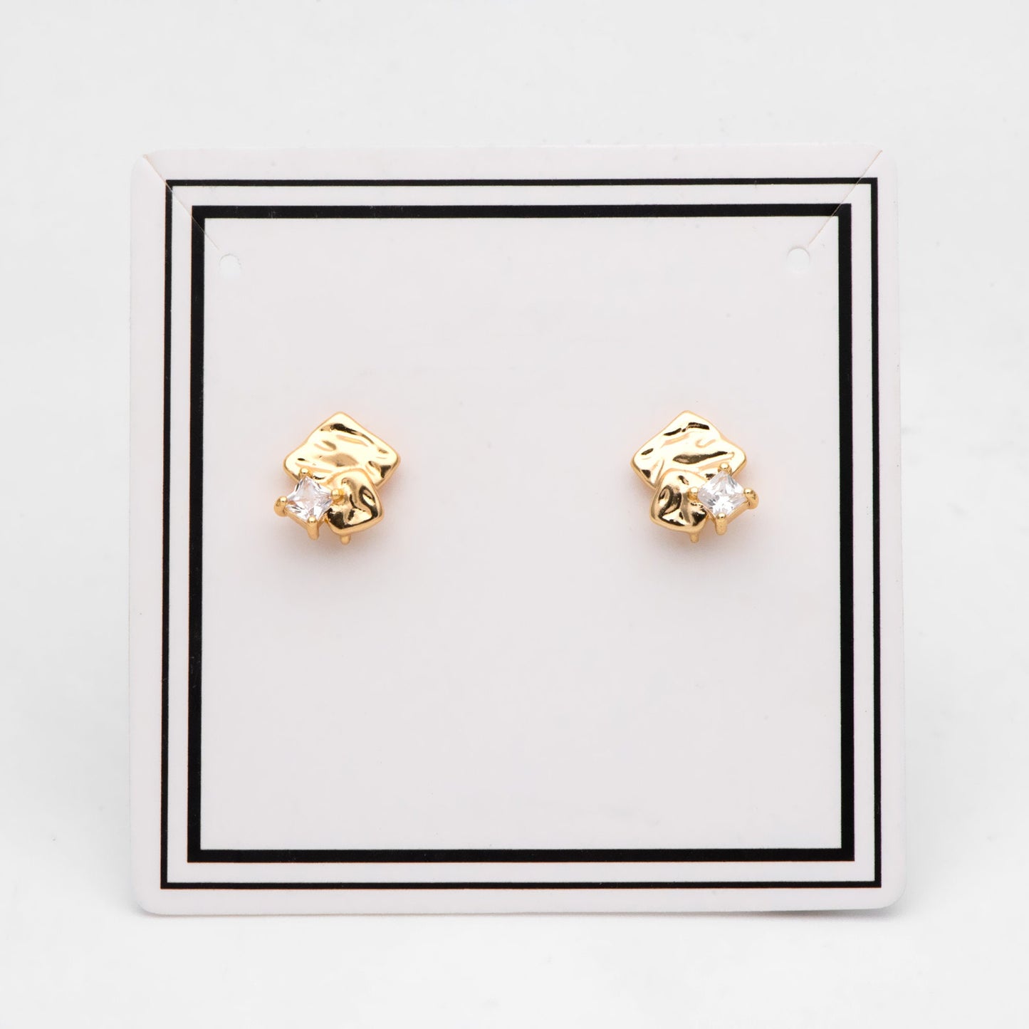 4pcs CZ Pave Rough Square Stud Earring With Loop, Real Gold/ Rhodium Plated Brass Geometric Earring Studs (GB-3169)