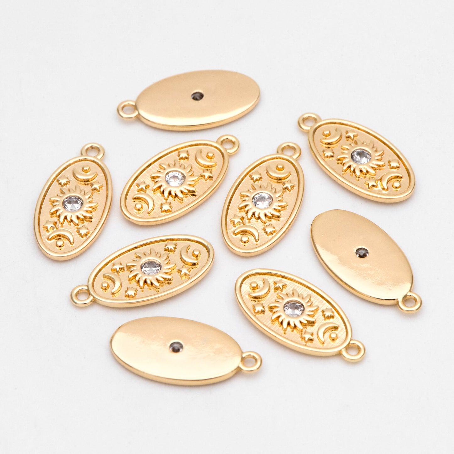4pcs CZ Pave Gold Oval Charms, Sun Moon and Star Pendants (GB-3222)