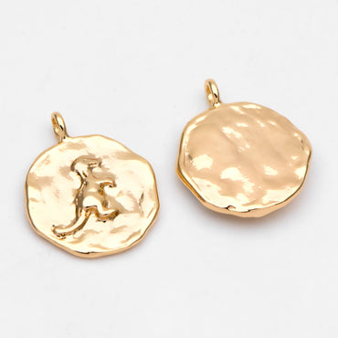 4pcs Gold Round Dinosaur Charm, 18K Gold plated Brass, Disk Pendants (GB-3464-D)