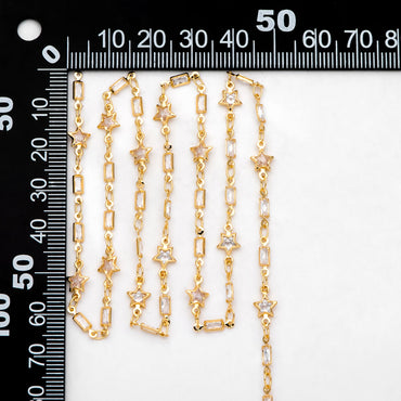 Cubic Zircon Chains, Gold CZ pave Rectangle and Star Bezel Connector Chain, 18K Gold plated Brass Chain (#LK-559)/ 1 Meter=3.3ft