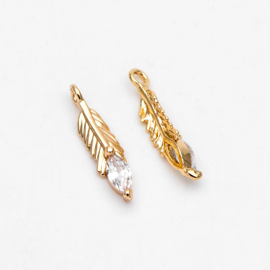 4pcs CZ pave Tiny Feather Charms, 18K Gold/ Rhodium plated Brass Leaf Pendants 12x3mm (GB-383-A)