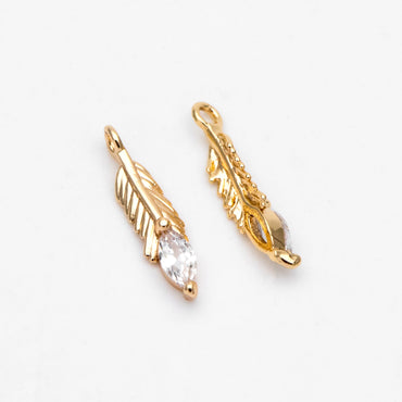 4pcs CZ pave Tiny Feather Charms, 18K Gold/ Rhodium plated Brass Leaf Pendants 12x3mm (GB-383-A)