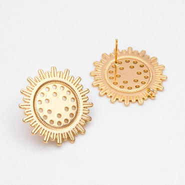 4pcs Gold Sun Earring with Loop, 25mm, Real Gold Plated Brass, Flower Stud Earrings (#GB-3166)
