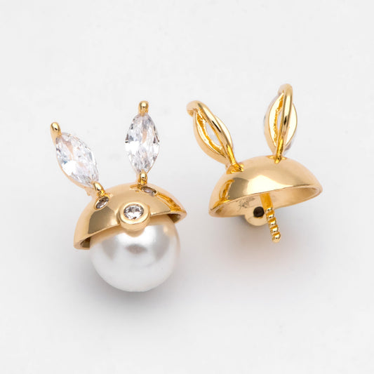 10pcs CZ Pave Gold Rabbit Bead Caps, Real Gold plated Brass, Peg For Half Drilled Pearl Mounts, Peg Pearl Findings (GB-4773-H)