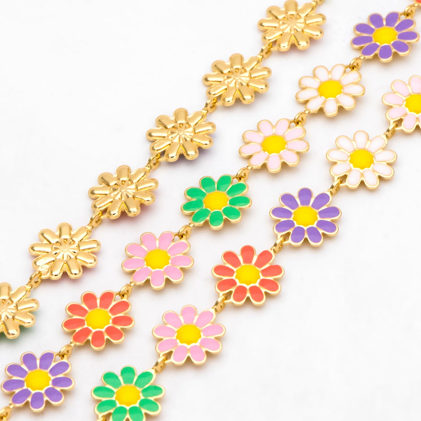 Enamel Flower Chain, Daisy Chain, Gold Plated Brass Designer Chain 10mm, Floral Link Chain Findings (#LK-580)/ 1 Meter=3.3ft