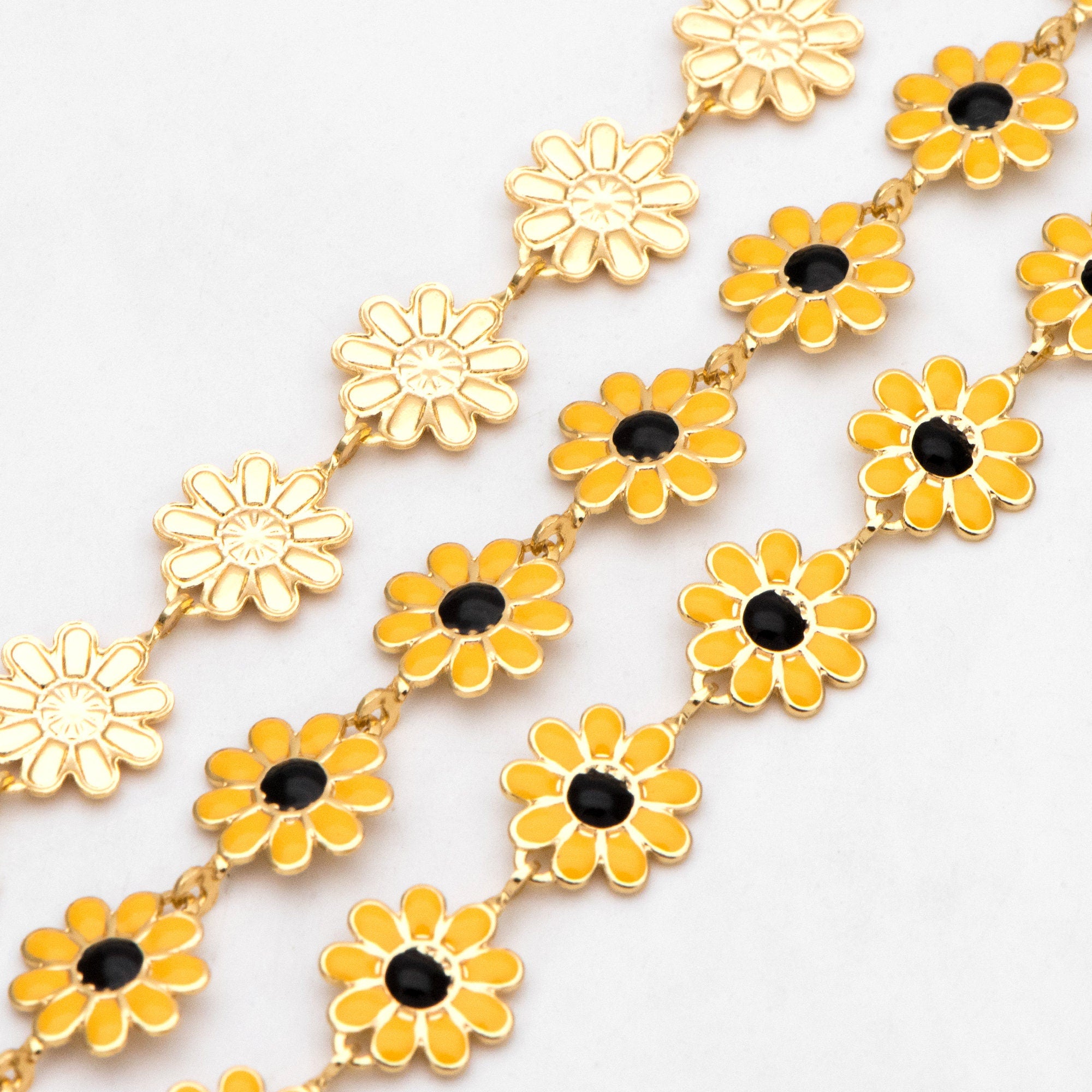 Enamel Flower Chain, Daisy Chain, Gold Plated Brass Designer Chain 10mm, Floral Link Chain Findings (#LK-580)/ 1 Meter=3.3ft