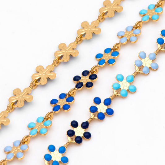 Mix Color Enamel Flower Chain, Gold Plated Brass Designer Chain 6mm, Floral Link Chain Findings (#LK-581)/ 1 Meter=3.3ft