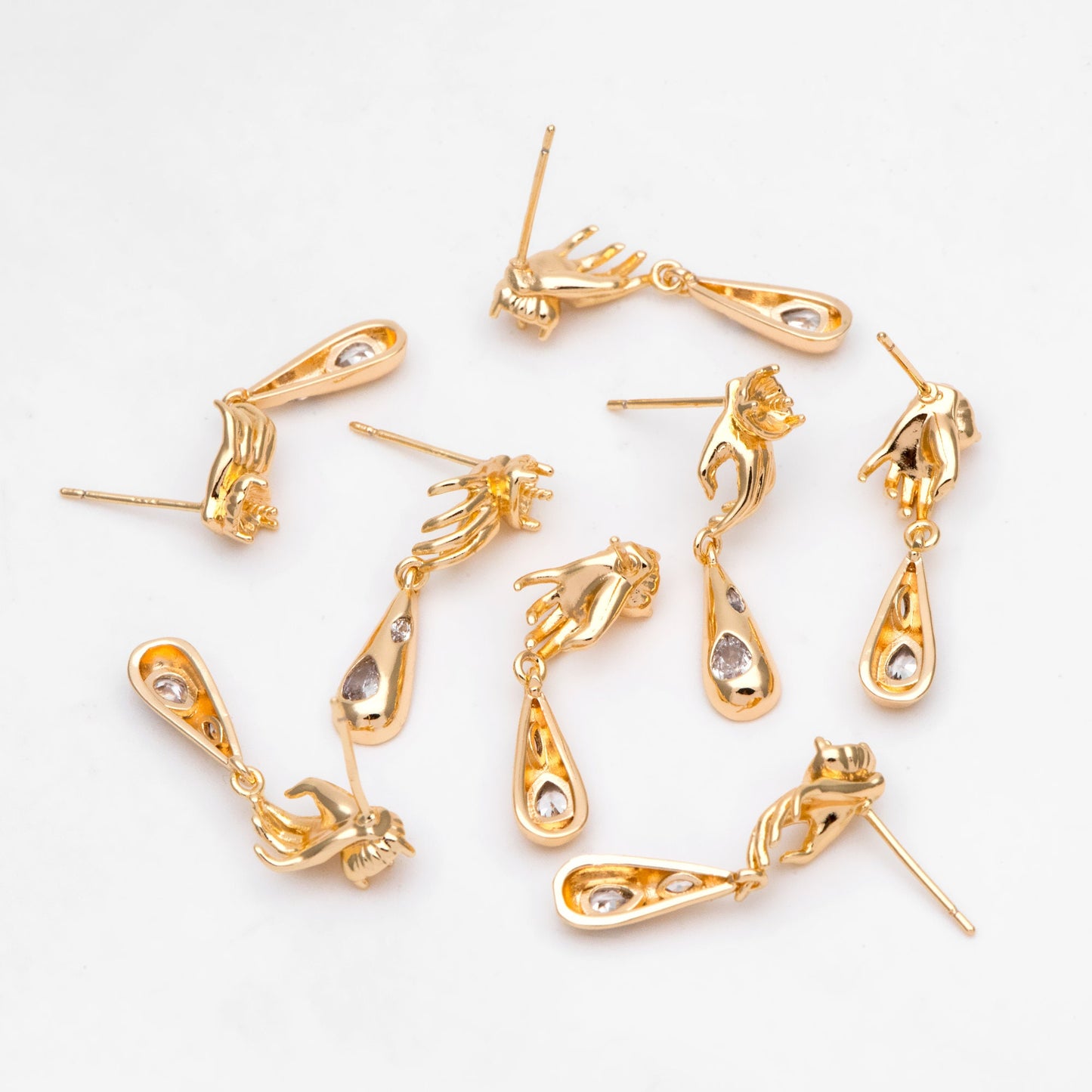 4pcs Gold Plated Brass Hand with CZ Paved Teardrop Ear Posts, Half Drilled Pearl Mounts, Pearl Earring Settings (GB-3141)