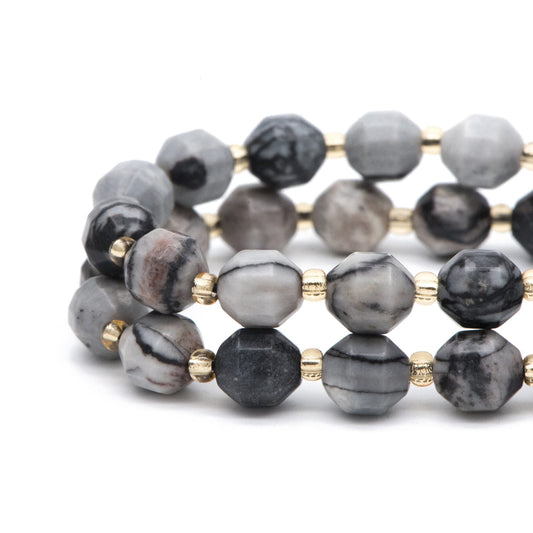 8x8.5mm Matte Black Network Jasper, Wood Grain Jasper, Picasso Jasper, Faceted Prism Gemstone Beads, Full 14.5 inch strands (TR-045)