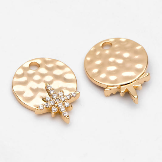 4pcs CZ Pave Gold North Star Charms 17x13mm, Hammered Round Disc Pendants (GB-3464-H)