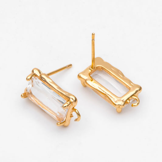 4pcs Glass Pave Rectangle Earring Studs, 18K Gold plated Brass Ear Posts, Geometric Earring Findings (#GB-3216)