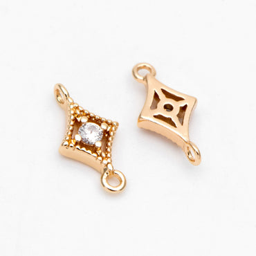 4pcs CZ pave Gold Rhombus Charms 11x6mm, 18K Gold plated Brass, Geometric Connector Pendants (GB-2535-A)