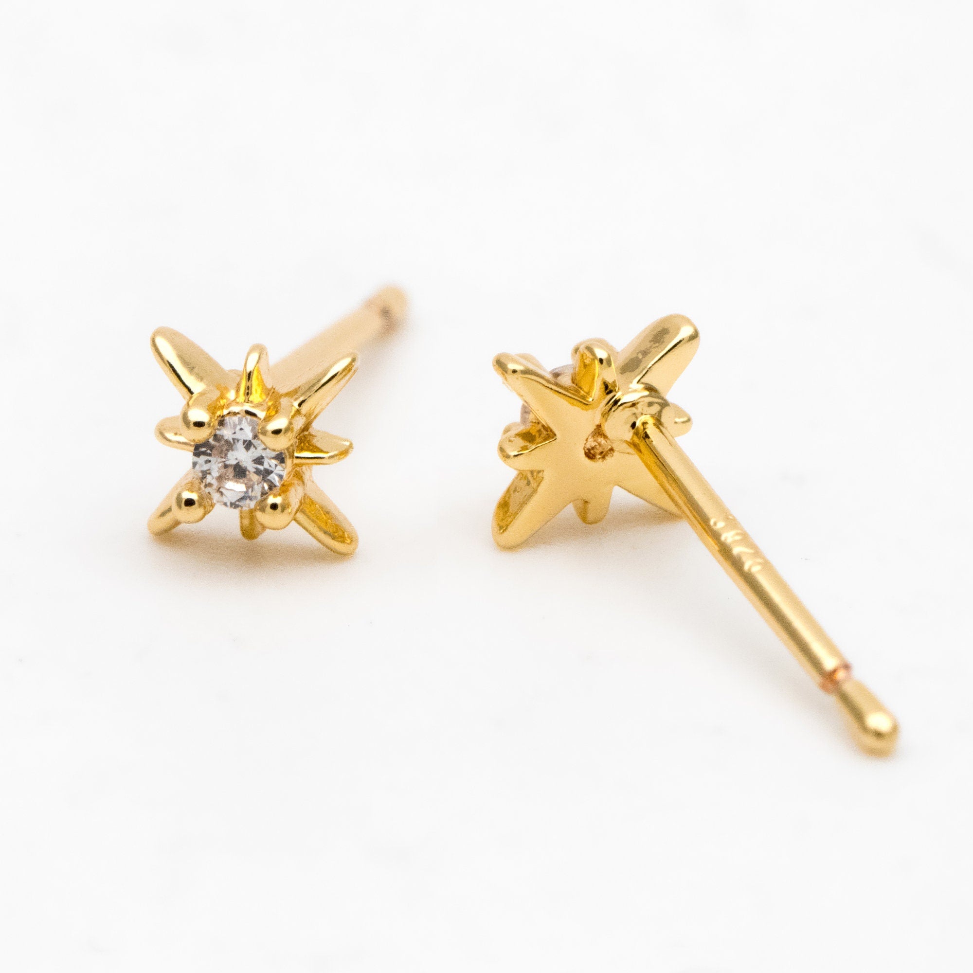 10pcs CZ Pave North Star Ear Posts, 6mm, Real Gold/ Rhodium Plated Brass Star Stud Earrings (#GB-3041-C)