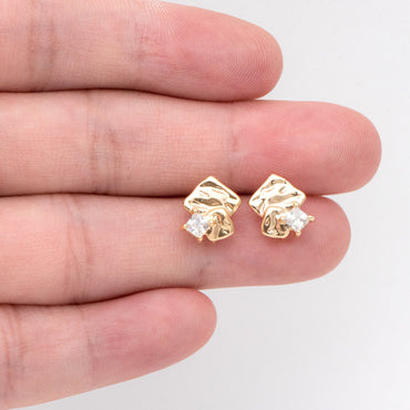 4pcs CZ Pave Rough Square Stud Earring With Loop, Real Gold/ Rhodium Plated Brass Geometric Earring Studs (GB-3169)