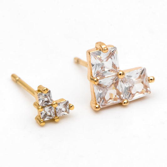 4pcs CZ Pave Heart Ear Posts, Gold Plated Brass Stud Earrings, Jewelry Findings, Wholesale Supplies (GB-3115)