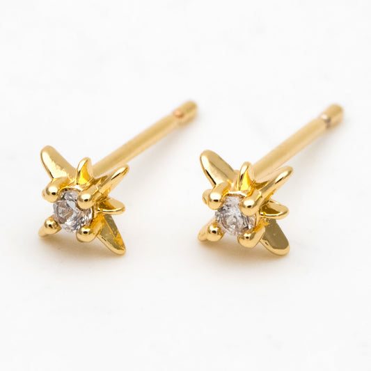 10pcs CZ Pave North Star Ear Posts, 6mm, Real Gold/ Rhodium Plated Brass Star Stud Earrings (#GB-3041-C)