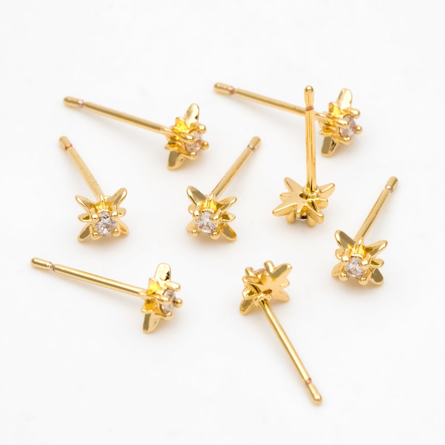 10pcs CZ Pave North Star Ear Posts, 6mm, Real Gold/ Rhodium Plated Brass Star Stud Earrings (#GB-3041-C)