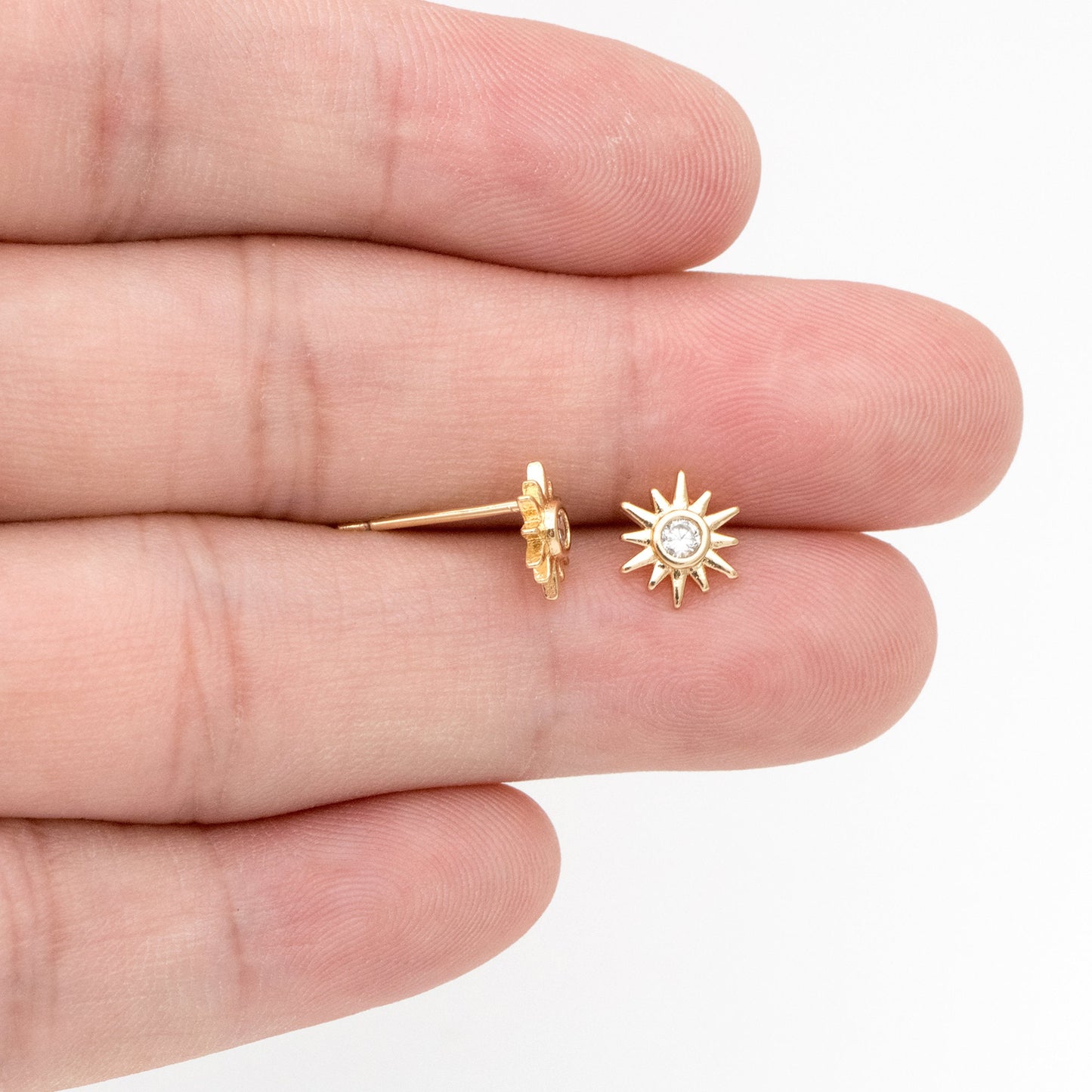 10pcs CZ Pave Gold Sun Ear Posts 8x7mm, Real Gold/ Rhodium Plated Brass Stud Earrings (#GB-3041-J)