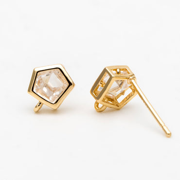 4pcs CZ Pave Pentagon Earring Stud with Loop, 18K Gold plated Brass Ear Posts, Geometric Earring Findings (#GB-3329-C)