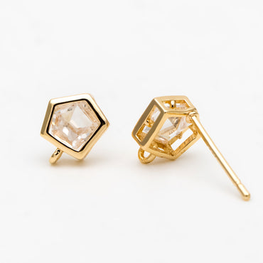 4pcs CZ Pave Pentagon Earring Stud with Loop, 18K Gold plated Brass Ear Posts, Geometric Earring Findings (#GB-3333)