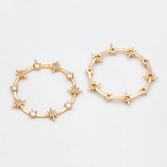 4pcs CZ pave Gold/ Silver Star Ring Pendants 37x35mm, 18K Gold/ Rhodium plated Brass, Rhinestone Round Loop Circle Charms (GB-1048-H)