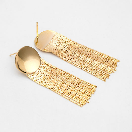 4pcs Gold Round Disc Tassel Ear Posts 48mm, 18K Gold plated Brass Dangling Stud Earring (GB-3356)