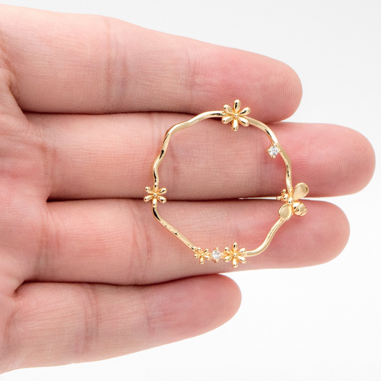 4pcs CZ Pave Garland and Bee Earring Posts 33mm, Real Gold Plated Brass Stud Earrings (GB-3357)