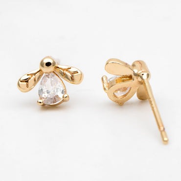 10pcs CZ Pave Gold Bee Earring Posts, Gold Plated Brass, Jewelry Supplies (GB-3896-B)
