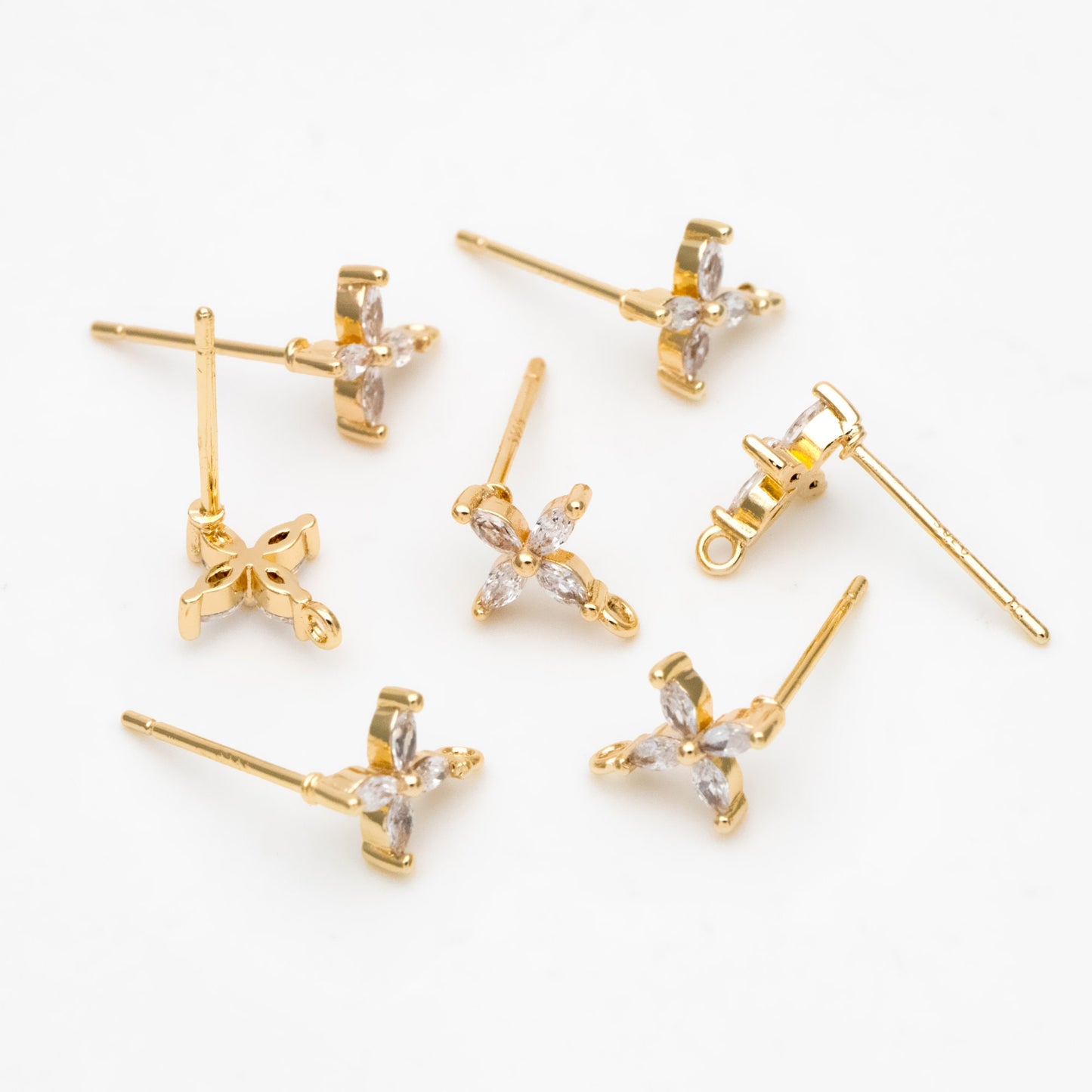4pcs CZ Pave Gold Flower Stud Earring with Loop, Gold Plated Brass, Jewelry Supplies (GB-310-F)