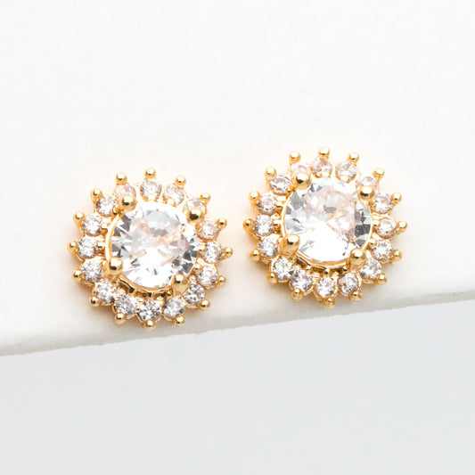 4pcs CZ Pave Gold Flower Ear Posts 8mm, Gold Plated Brass Stud Earrings (#GB-3371-A)