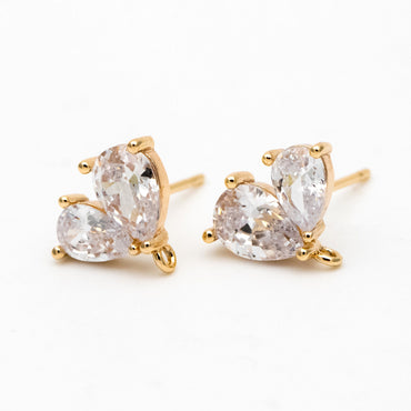 4pcs CZ Pave Heart Earring with Loop, Gold Plated Brass leaf Stud Earrings, Teardrop Earring, Wholesale Supplies (GB-3328)